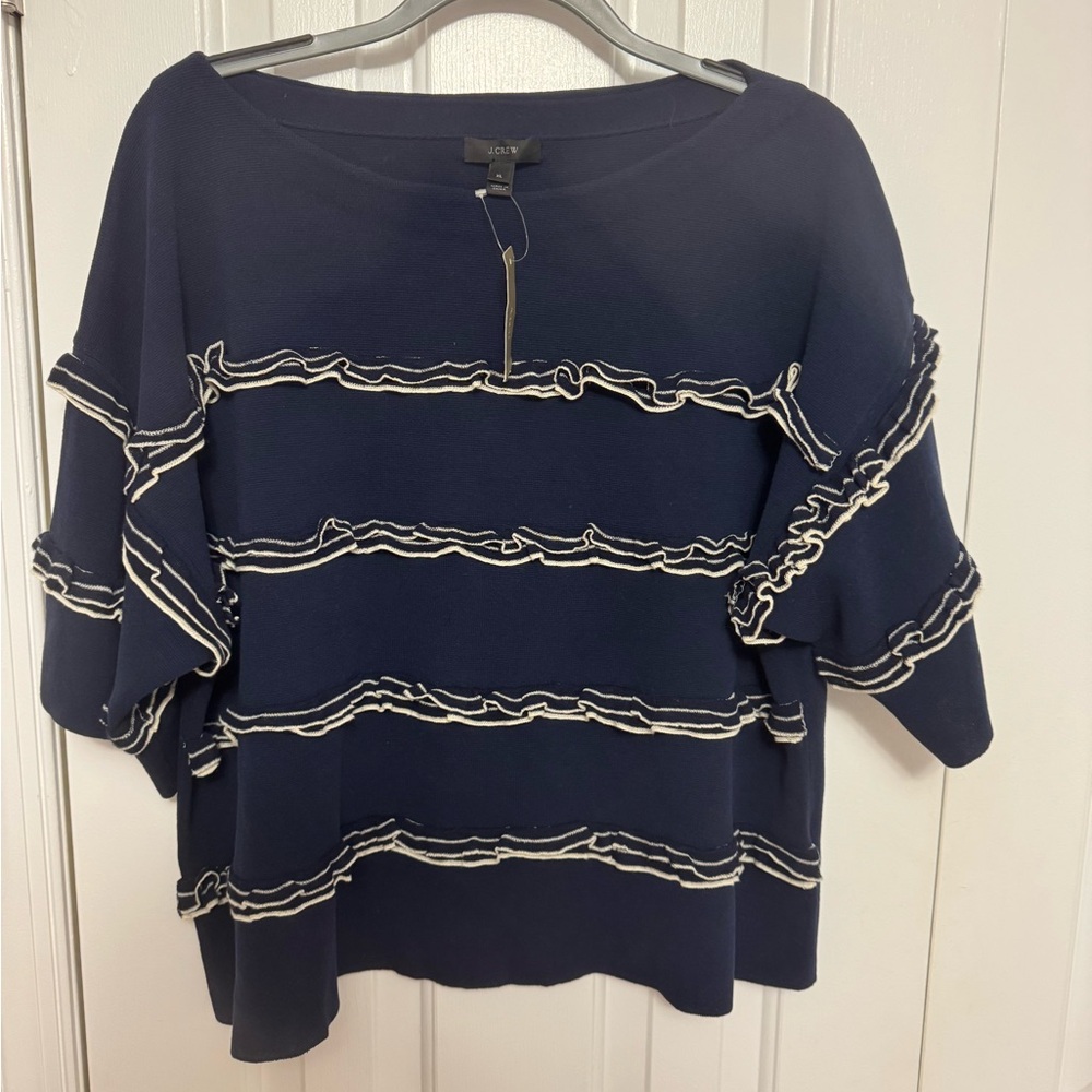 New with tags! J. Crew Navy Blue Blouse with Cream Ruffle Stripes